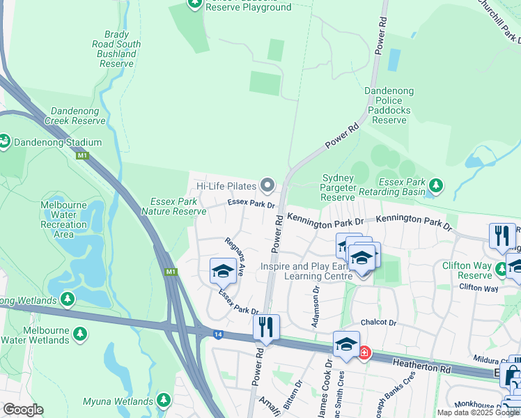 map of restaurants, bars, coffee shops, grocery stores, and more near 61 Essex Park Drive in Endeavour Hills