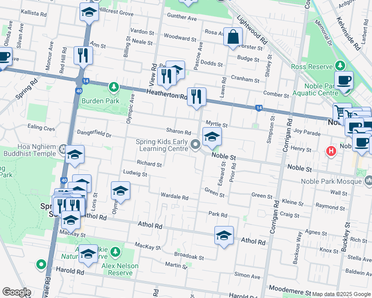 map of restaurants, bars, coffee shops, grocery stores, and more near 8-20 Janine Road in Springvale South