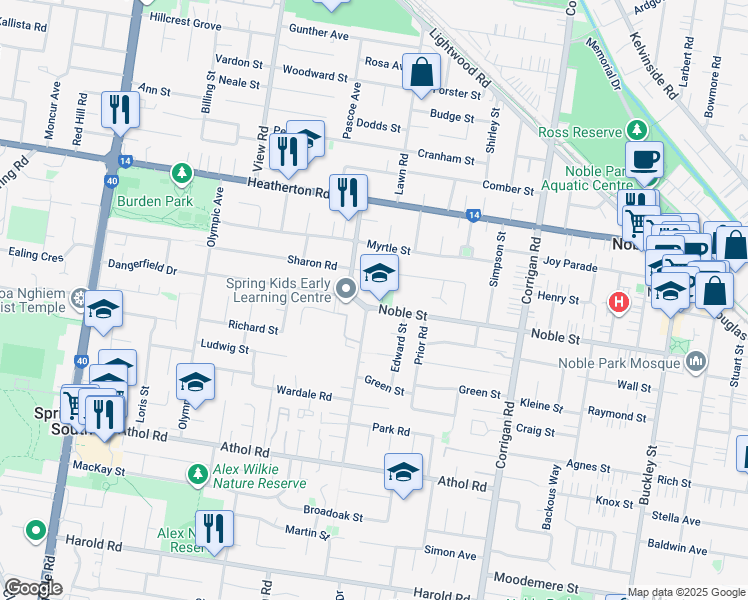 map of restaurants, bars, coffee shops, grocery stores, and more near 109 Noble Street in Noble Park