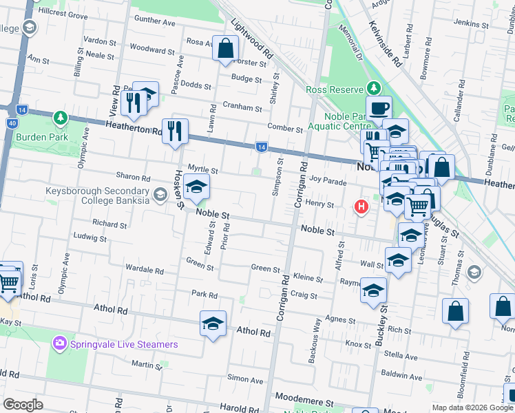 map of restaurants, bars, coffee shops, grocery stores, and more near 5 Jennings Street in Noble Park