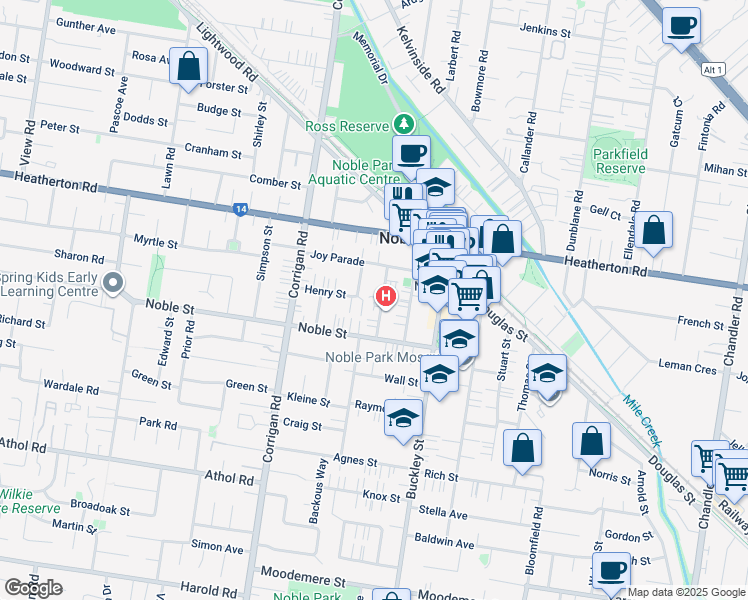 map of restaurants, bars, coffee shops, grocery stores, and more near 14 Allan Street in Noble Park