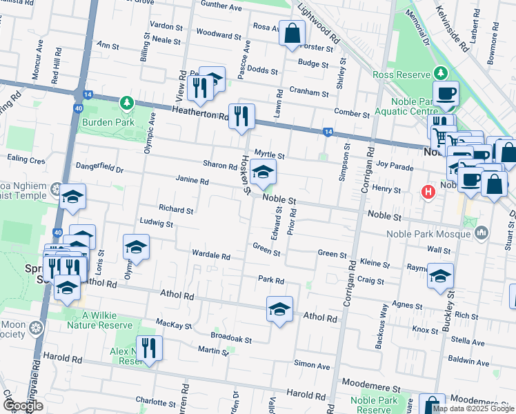 map of restaurants, bars, coffee shops, grocery stores, and more near 128 Noble Street in Noble Park