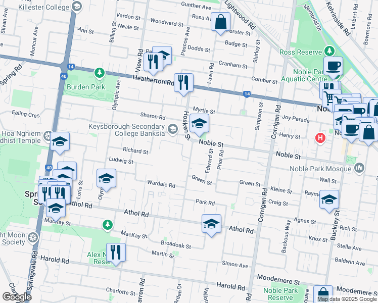 map of restaurants, bars, coffee shops, grocery stores, and more near 119 Noble Street in Noble Park