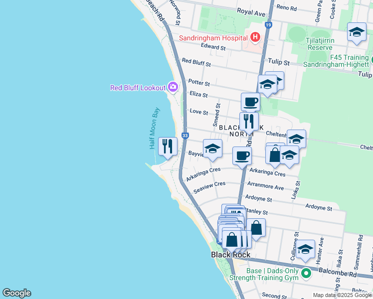 map of restaurants, bars, coffee shops, grocery stores, and more near 241 Beach Road in Black Rock