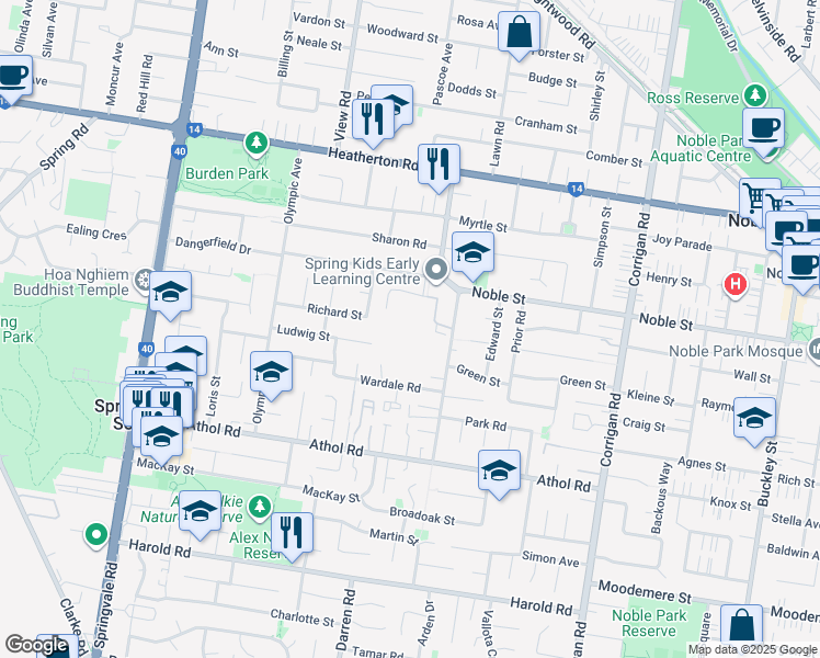 map of restaurants, bars, coffee shops, grocery stores, and more near 8-20 Janine Road in Springvale South