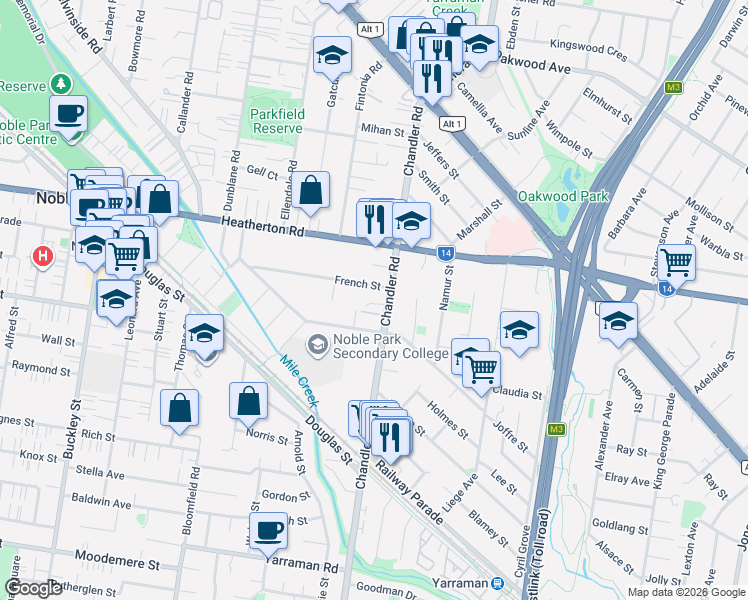 map of restaurants, bars, coffee shops, grocery stores, and more near 64 Chandler Road in Noble Park