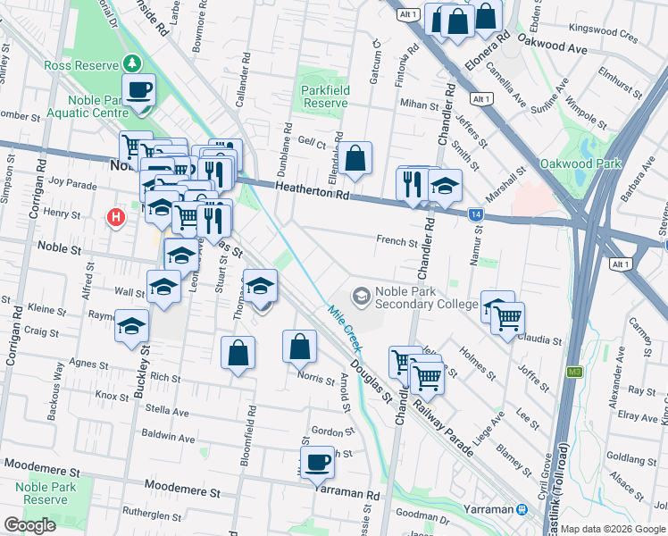 map of restaurants, bars, coffee shops, grocery stores, and more near 18 Leman Crescent in Noble Park