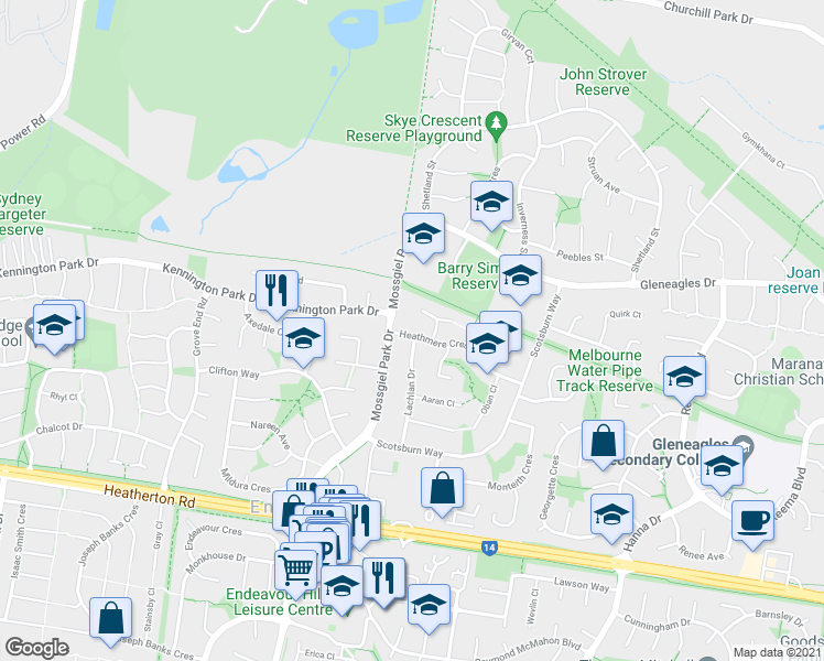 map of restaurants, bars, coffee shops, grocery stores, and more near 3 Heathmere Crescent in Endeavour Hills
