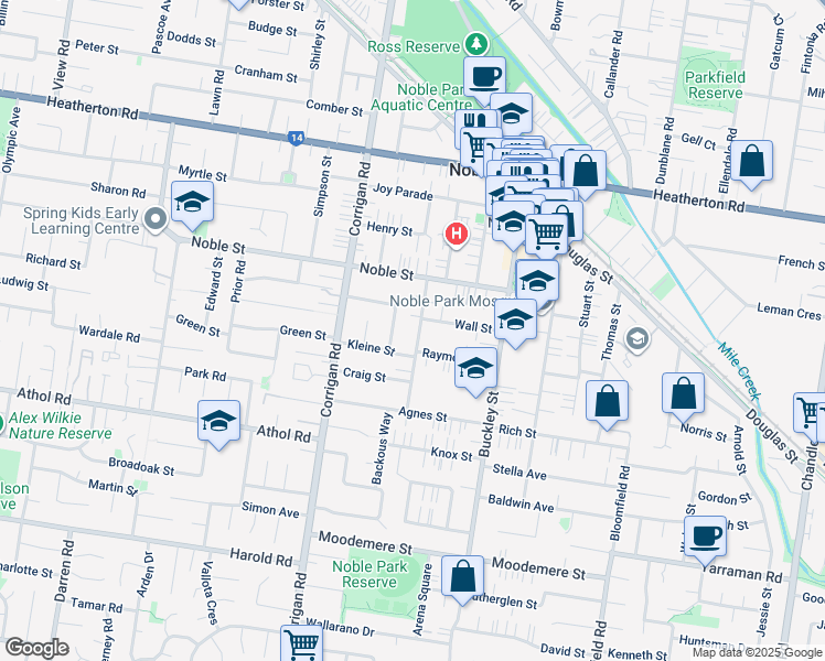 map of restaurants, bars, coffee shops, grocery stores, and more near 14 Alfred Street in Noble Park