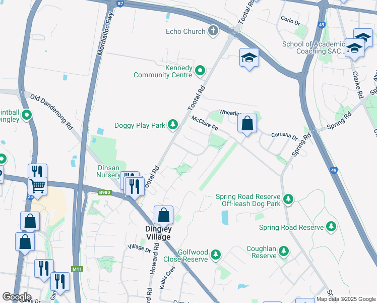 map of restaurants, bars, coffee shops, grocery stores, and more near Wyndarra Crescent in Dingley Village