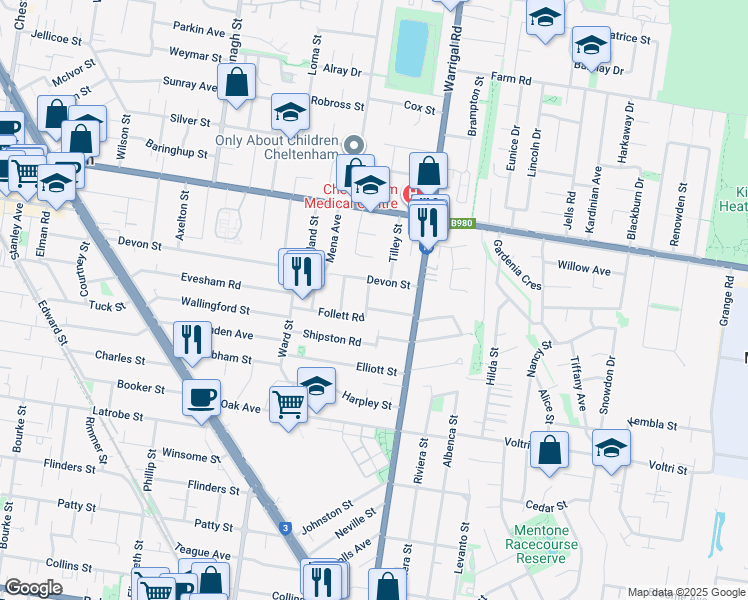 map of restaurants, bars, coffee shops, grocery stores, and more near 4 Ivy Street in Cheltenham