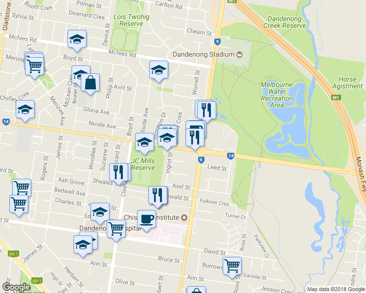 map of restaurants, bars, coffee shops, grocery stores, and more near 1565 Heatherton Road in Dandenong North
