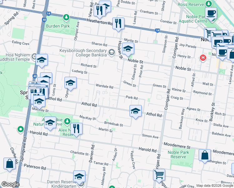 map of restaurants, bars, coffee shops, grocery stores, and more near 155 Noble Street in Noble Park