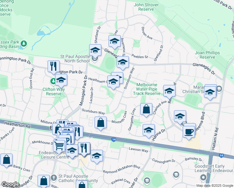 map of restaurants, bars, coffee shops, grocery stores, and more near 2 Oban Close in Endeavour Hills