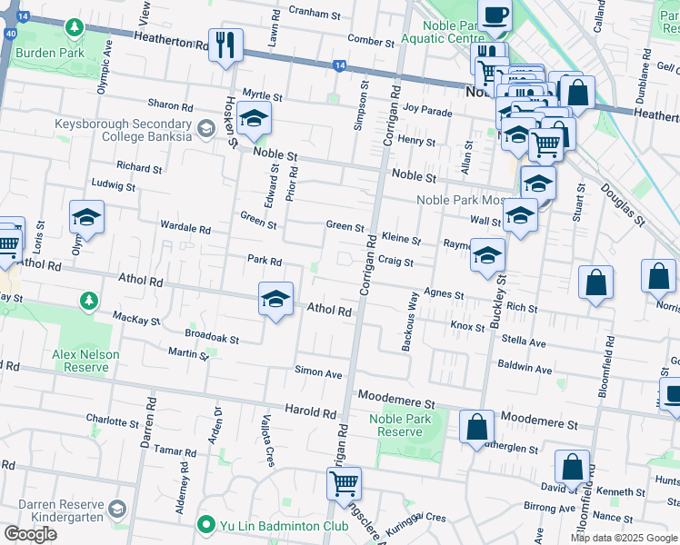 map of restaurants, bars, coffee shops, grocery stores, and more near 196 Corrigan Road in Noble Park