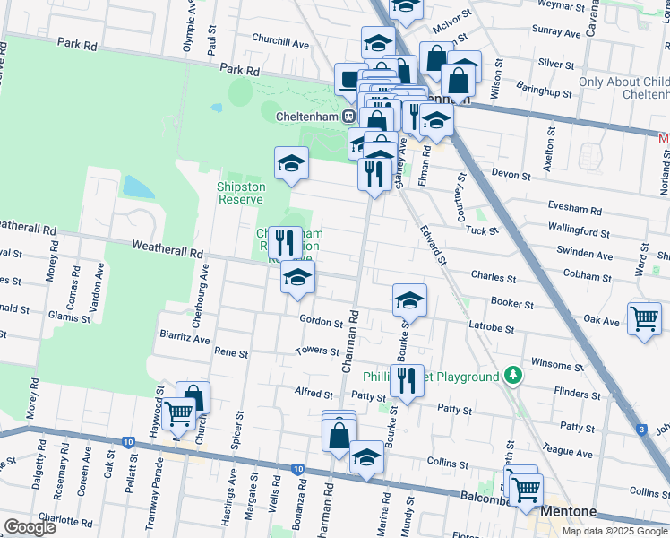 map of restaurants, bars, coffee shops, grocery stores, and more near 151 Weatherall Road in Cheltenham