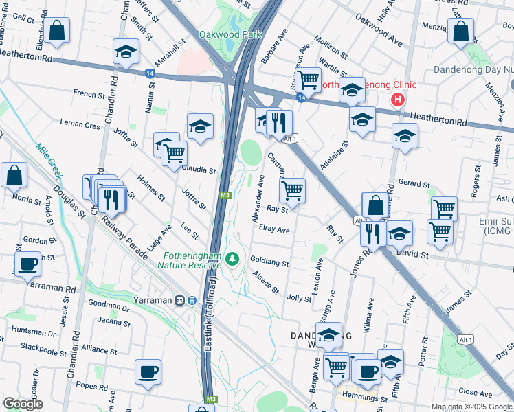 map of restaurants, bars, coffee shops, grocery stores, and more near Alexander Avenue in Dandenong