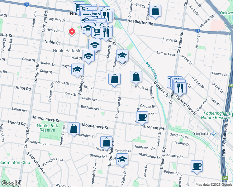 map of restaurants, bars, coffee shops, grocery stores, and more near 50 Rich Street in Noble Park