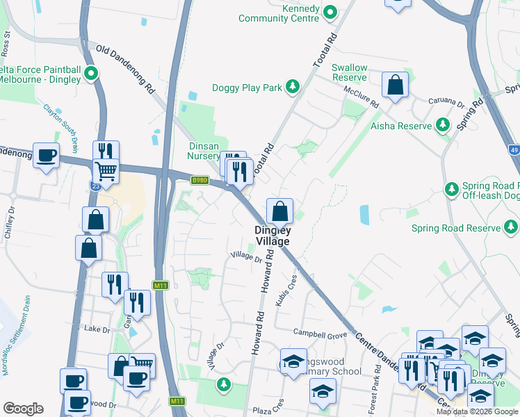 map of restaurants, bars, coffee shops, grocery stores, and more near 4 Gail Court in Dingley Village