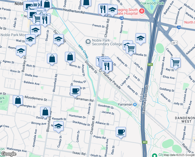 map of restaurants, bars, coffee shops, grocery stores, and more near 124 Chandler Road in Noble Park