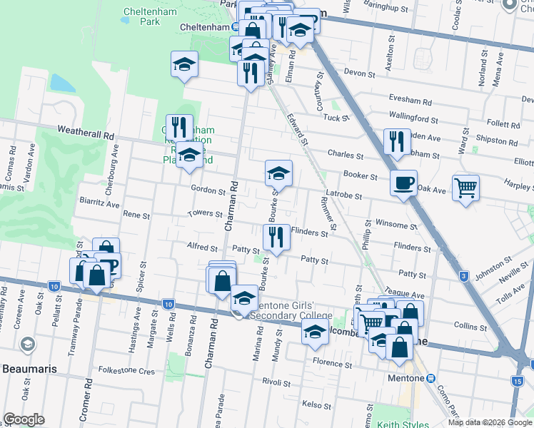 map of restaurants, bars, coffee shops, grocery stores, and more near 19 Bourke Street in Mentone