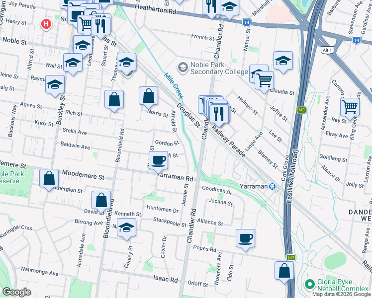 map of restaurants, bars, coffee shops, grocery stores, and more near 53 Arnold Street in Noble Park