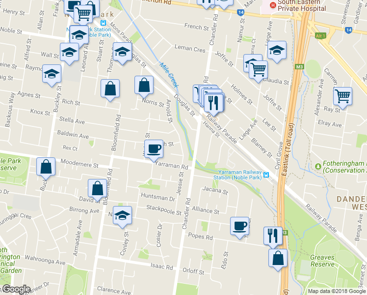 map of restaurants, bars, coffee shops, grocery stores, and more near 63 Arnold Street in Noble Park