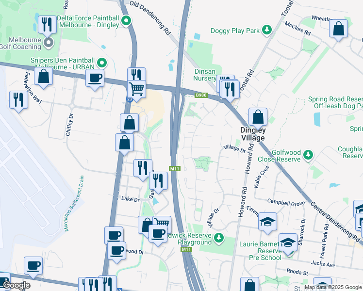 map of restaurants, bars, coffee shops, grocery stores, and more near 26 Lauren Court in Dingley Village