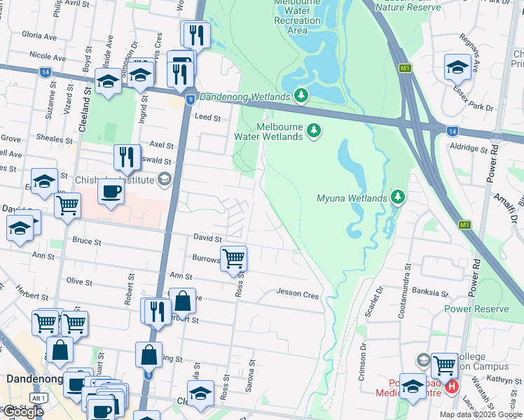 map of restaurants, bars, coffee shops, grocery stores, and more near 18 Parkview Close in Dandenong