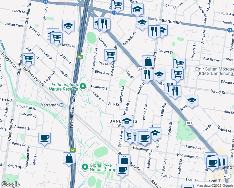 map of restaurants, bars, coffee shops, grocery stores, and more near 60 King George Parade in Dandenong