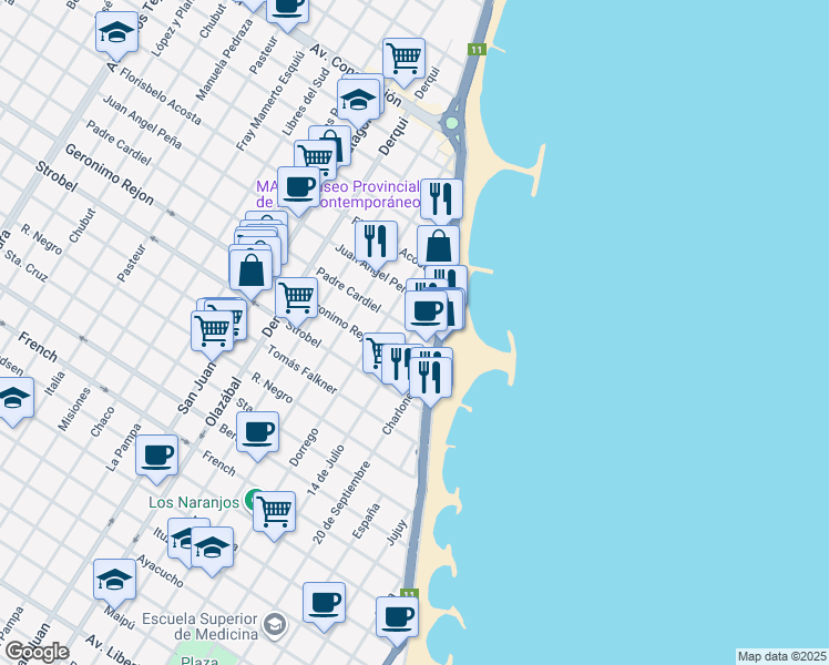 map of restaurants, bars, coffee shops, grocery stores, and more near 3700 Padre Cardiel in Mar del Plata