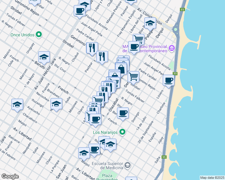 map of restaurants, bars, coffee shops, grocery stores, and more near 9 Patagones in Mar del Plata