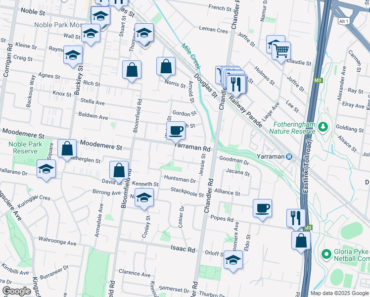 map of restaurants, bars, coffee shops, grocery stores, and more near 14 Yarraman Road in Noble Park