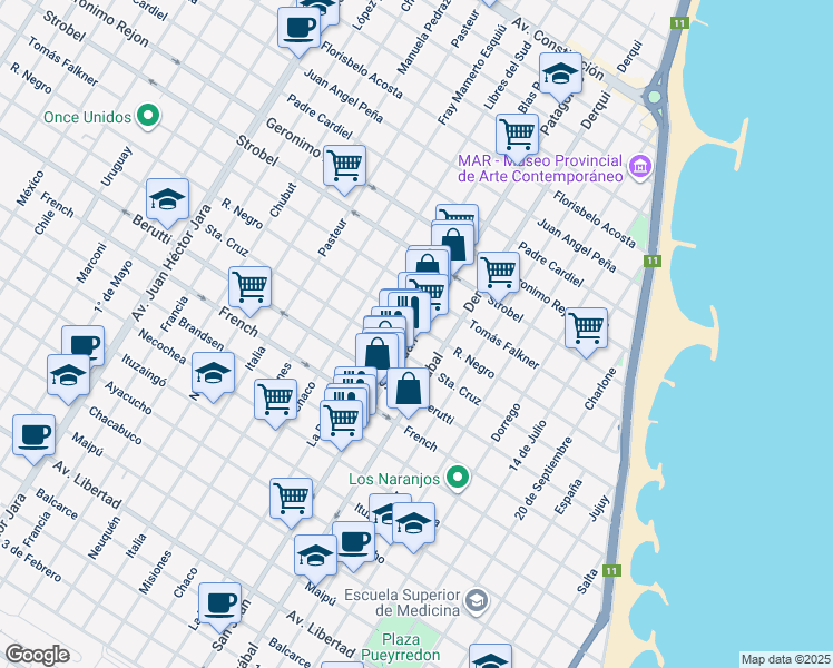 map of restaurants, bars, coffee shops, grocery stores, and more near 10 San Juan in Mar del Plata