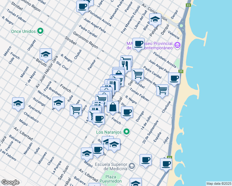map of restaurants, bars, coffee shops, grocery stores, and more near 10 San Juan in Mar del Plata
