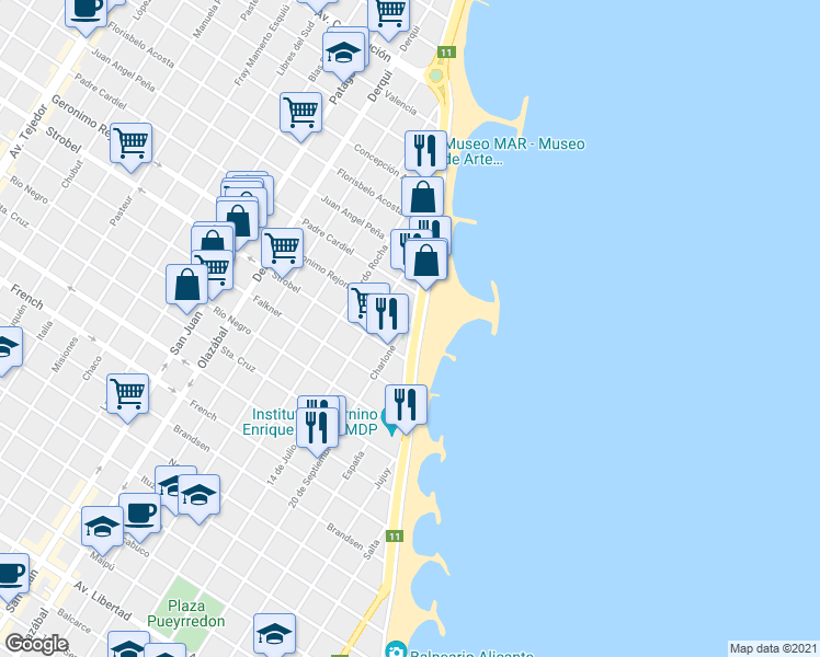 map of restaurants, bars, coffee shops, grocery stores, and more near 3600 Geronimo Rejon in Mar del Plata