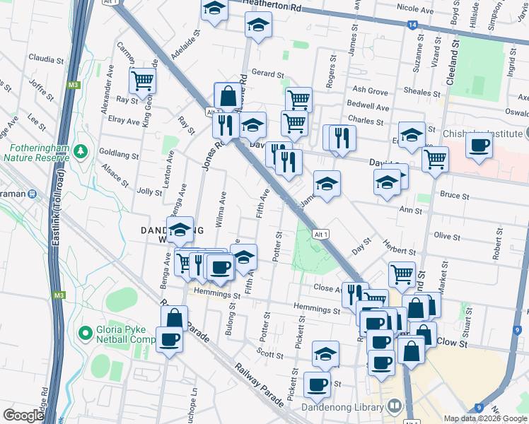 map of restaurants, bars, coffee shops, grocery stores, and more near 41 Fifth Avenue in Dandenong
