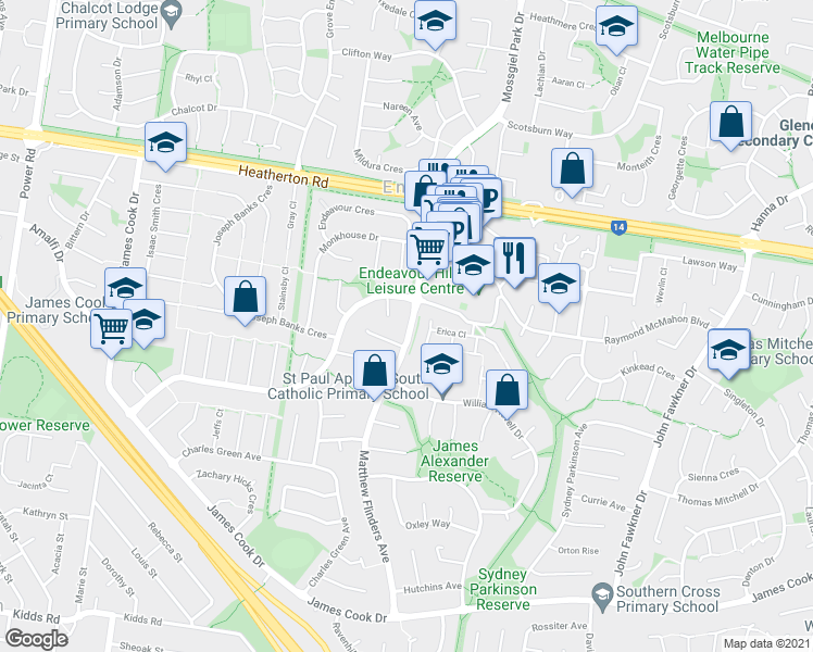 map of restaurants, bars, coffee shops, grocery stores, and more near 99 Matthew Flinders Avenue in Endeavour Hills