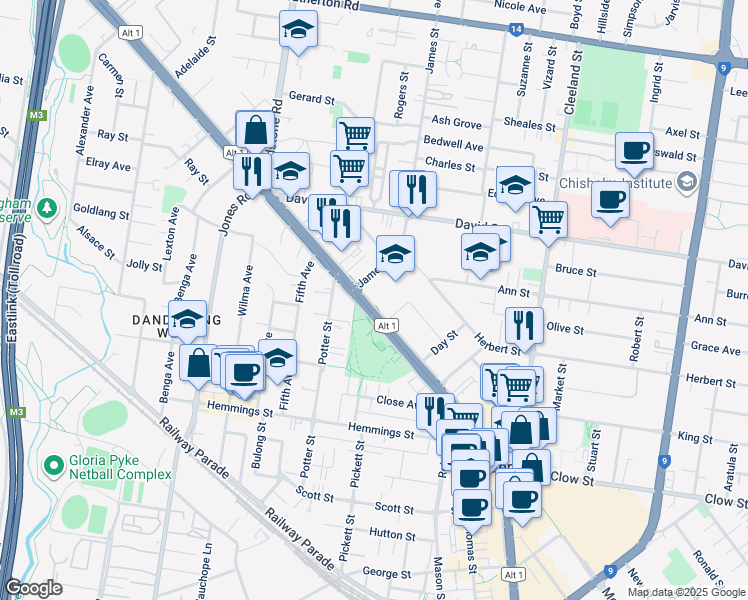 map of restaurants, bars, coffee shops, grocery stores, and more near 92-106 Princes Highway in Dandenong