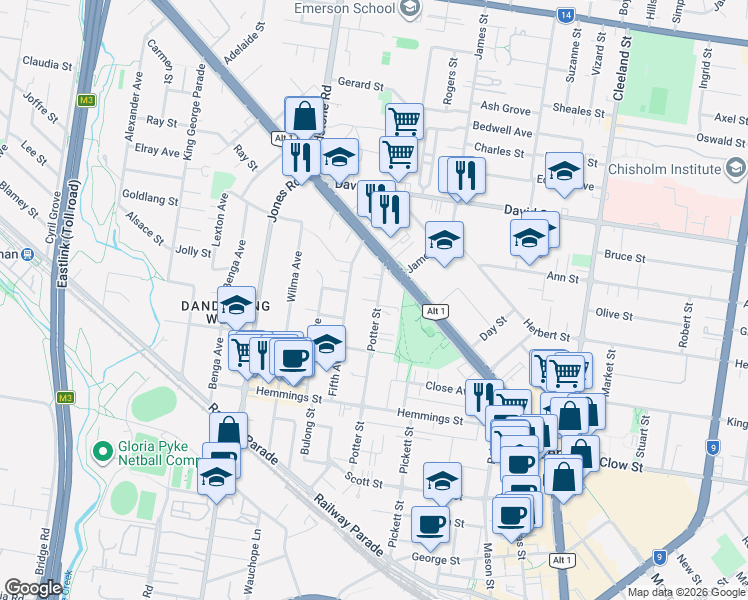 map of restaurants, bars, coffee shops, grocery stores, and more near 71 Potter Street in Dandenong