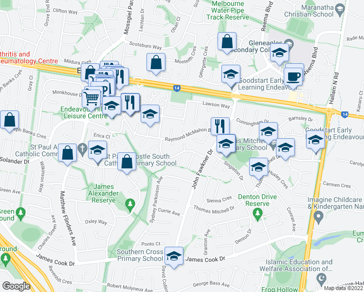 map of restaurants, bars, coffee shops, grocery stores, and more near 1 Belt Terrace in Endeavour Hills