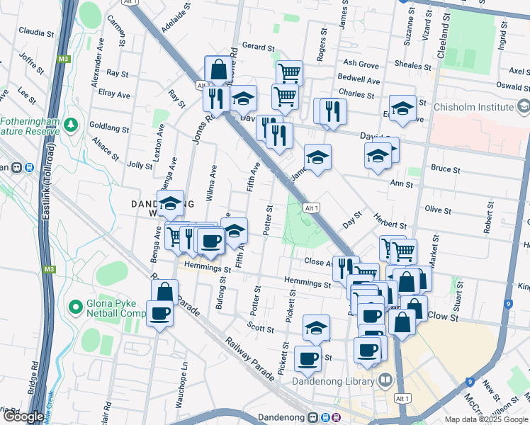 map of restaurants, bars, coffee shops, grocery stores, and more near 61 Potter Street in Dandenong