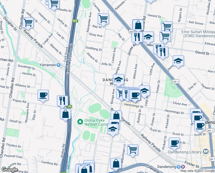 map of restaurants, bars, coffee shops, grocery stores, and more near 40 Birdwood Avenue in Dandenong