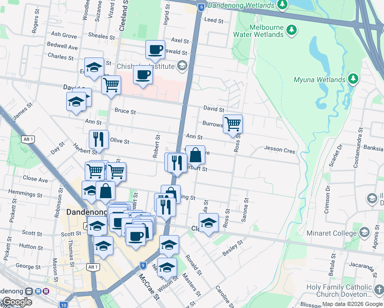 map of restaurants, bars, coffee shops, grocery stores, and more near 8 Grace Avenue in Dandenong