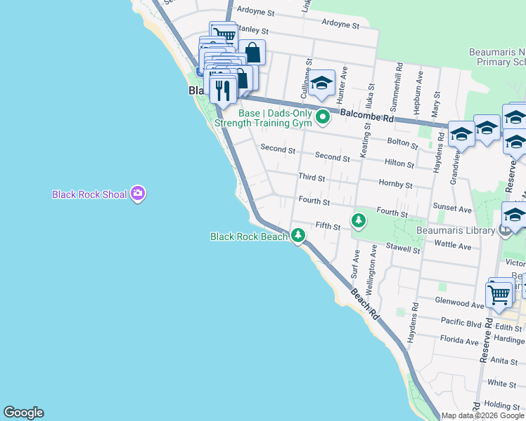 map of restaurants, bars, coffee shops, grocery stores, and more near 341 Beach Road in Black Rock