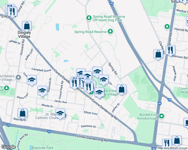 map of restaurants, bars, coffee shops, grocery stores, and more near Marcus Road in Dingley Village