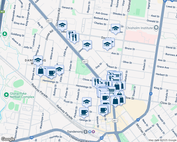 map of restaurants, bars, coffee shops, grocery stores, and more near 61A Princes Highway in Dandenong