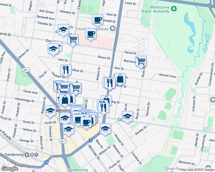 map of restaurants, bars, coffee shops, grocery stores, and more near 35-37 Stud Road in Dandenong