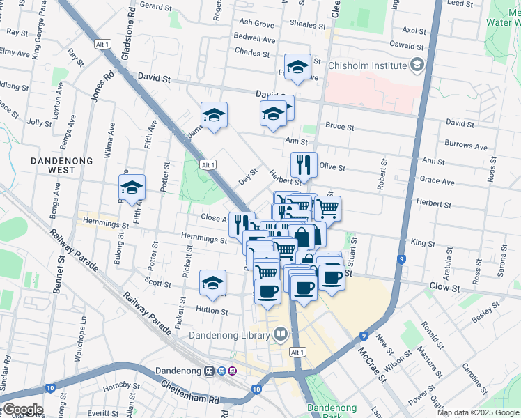 map of restaurants, bars, coffee shops, grocery stores, and more near 48 Princes Highway in Dandenong