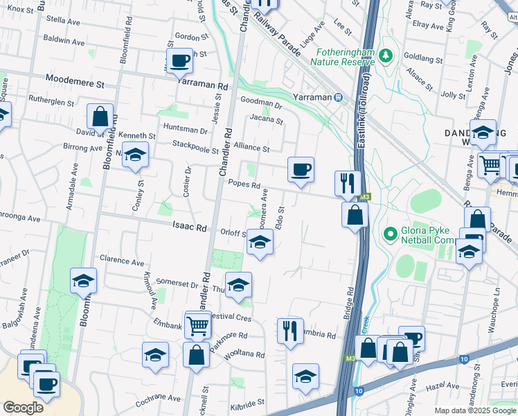 map of restaurants, bars, coffee shops, grocery stores, and more near 8 Woomera Avenue in Keysborough